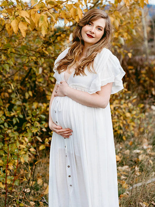 Momyraise Umstandskleider Schlitz Drapiert Tiefe V Rückenfreies V-Ausschnitt Kurzärm Boho Beiläufige Fotoshooting Schwangerschaft