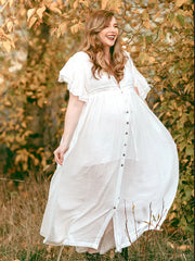 Momyraise Umstandskleider Schlitz Drapiert Tiefe V Rückenfreies V-Ausschnitt Kurzärm Boho Beiläufige Fotoshooting Schwangerschaft