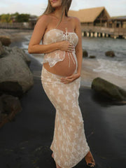 Momyraise Umstandskleider Enges Spitze Schlitz Bandeau Täglich Elegant Mode Abend Urlaub Babybauch Shooting