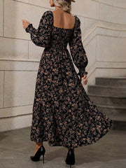 Momyraise Maxikleid Geblümt Quadratischem Kragen Laternenhülse Langarm Damen Schick Elegant Boho Strand Urlaub Kleid
