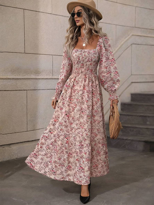 Momyraise Maxikleid Geblümt Quadratischem Kragen Laternenhülse Langarm Damen Schick Elegant Boho Strand Urlaub Kleid