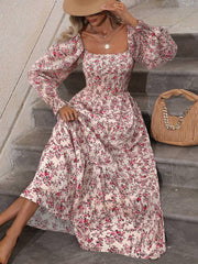 Momyraise Maxikleid Geblümt Quadratischem Kragen Laternenhülse Langarm Damen Schick Elegant Boho Strand Urlaub Kleid