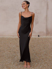 Momyraise Brautjungfern Kleider Satin Enges Rückenfrei Spaghettiträger Schlinge Ärmellos Elegant Damen Abend Ball Maxikleid