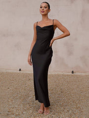 Momyraise Brautjungfern Kleider Satin Enges Rückenfrei Spaghettiträger Schlinge Ärmellos Elegant Damen Abend Ball Maxikleid