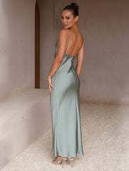 Momyraise Brautjungfern Kleider Satin Enges Rückenfrei Spaghettiträger Schlinge Ärmellos Elegant Damen Abend Ball Maxikleid