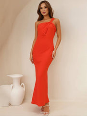 Momyraise Brautjungfern Kleider Schlank Satin Bandeau One Shoulder Elegant Ball Ferien Damen Maxikleid