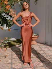 Momyraise Brautjungfern Kleider Schlank Satin Bandeau One Shoulder Elegant Ball Ferien Damen Maxikleid