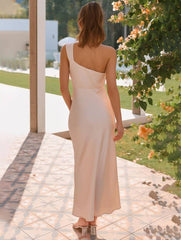 Momyraise Brautjungfern Kleider Schlank Satin Bandeau One Shoulder Elegant Ball Ferien Damen Maxikleid