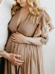 Momyraise Umstandskleider Babybauchfoto Rüsche Drapiert Knöpfen Ziehbändchen Tiefer V-Ausschnitt Für Schwangerschaft