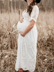 Momyraise Umstandskleider Fotoshootingkleid Spitze Mesh Wellensaum Babybauch Maxikleider