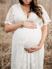 Momyraise Umstandskleider Fotoshootingkleid Spitze Mesh Wellensaum Babybauch Maxikleider