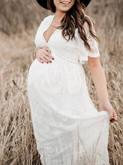 Momyraise Umstandskleider Fotoshootingkleid Spitze Mesh Wellensaum Babybauch Maxikleider