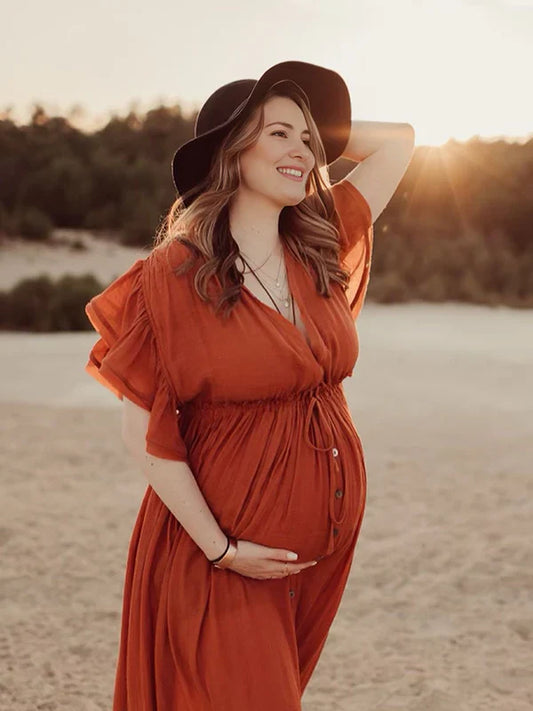 Momyraise Umstandskleid Drapiert Knoten Einreiher V-Ausschnitt Mehrlagige Ärmel Kurzärm Elegant Strand Fotoshooting Schwangerschaft