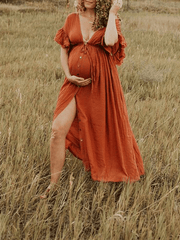 Momyraise Umstandskleid Drapiert Knoten Einreiher V-Ausschnitt Mehrlagige Ärmel Kurzärm Elegant Strand Fotoshooting Schwangerschaft