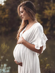 Momyraise Umstandskleider Fotoshootingkleider Volltonfarbe Rüschen Baby Shower Tunnelzug Einreiher Schwangerschaft Maxikleider