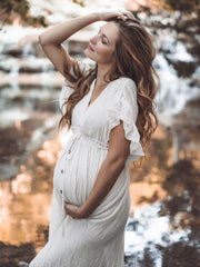 Momyraise Umstandskleider Fotoshootingkleider Volltonfarbe Rüschen Baby Shower Tunnelzug Einreiher Schwangerschaft Maxikleider