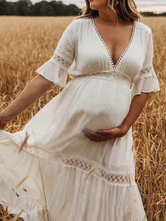 Momyraise Umstandskleider Spitze Plissee Pompon Mit Ausschnitt V-Ausschnitt Kurzärm Boho Für Schwangerschaft