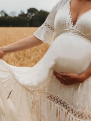 Momyraise Umstandskleider Spitze Plissee Pompon Mit Ausschnitt V-Ausschnitt Kurzärm Boho Für Schwangerschaft