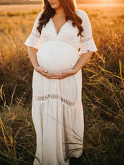 Momyraise Umstandskleider Babybauch Fotoshooting Spitze Rüschen V-Ausschnitt Kurzärm Boho Ferien Für Schwangerschaft Maxikleid