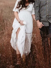 Momyraise Umstandskleider Babybauch Fotoshooting Spitze Rüschen V-Ausschnitt Kurzärm Boho Ferien Für Schwangerschaft Maxikleid