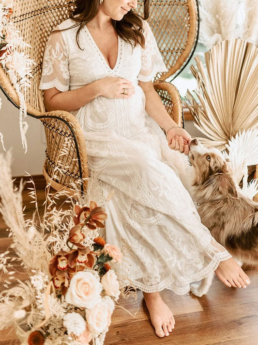 Momyraise Umstandskleider Patchwork Häkelspitze V-Ausschnitt Kurzärm Elegant Für Schwangerschaft