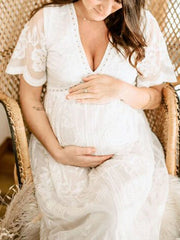 Momyraise Umstandskleider Patchwork Häkelspitze V-Ausschnitt Kurzärm Elegant Für Schwangerschaft