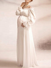 Momyraise Umstandskleider Chiffon Boot-Ausschnitt Laternenhülse Fotoshooting Elegant Maxikleid