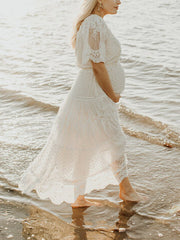 Momyraise Umstandskleider Volltonfarbe Spitze Rüschen Knöpfen V-Ausschnitt Kurzärm Süße Mode Für Schwangerschaft