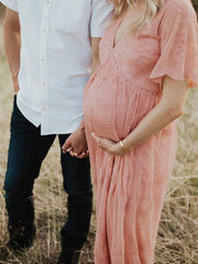 Momyraise Umstandskleider Spitzenkleid Kurzärm Fotoshooting Maxikleider Für Schwangere