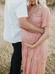 Momyraise Umstandskleider Spitzenkleid Kurzärm Fotoshooting Maxikleider Für Schwangere