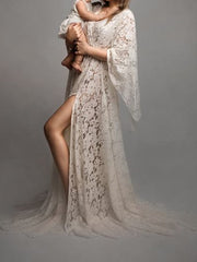 Momyraise Umstandskleider Volltonfarbe Häkelspitze Schlitz V-Ausschnitt Trompetenärmeln Mode Für Schwangerschaft