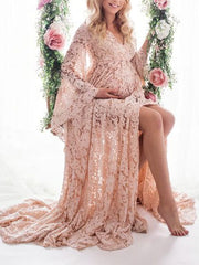 Momyraise Umstandskleider Volltonfarbe Häkelspitze Schlitz V-Ausschnitt Trompetenärmeln Mode Für Schwangerschaft