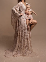 Momyraise Umstandskleider Volltonfarbe Häkelspitze Schlitz V-Ausschnitt Trompetenärmeln Mode Für Schwangerschaft