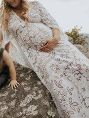 Momyraise Babybauch Shooting Kleid Spitze Gürtel Rückenfrei Tiefer V-Ausschnitt Geteilte Ärmel Langarm Elegant Boho Für Schwangerschaft