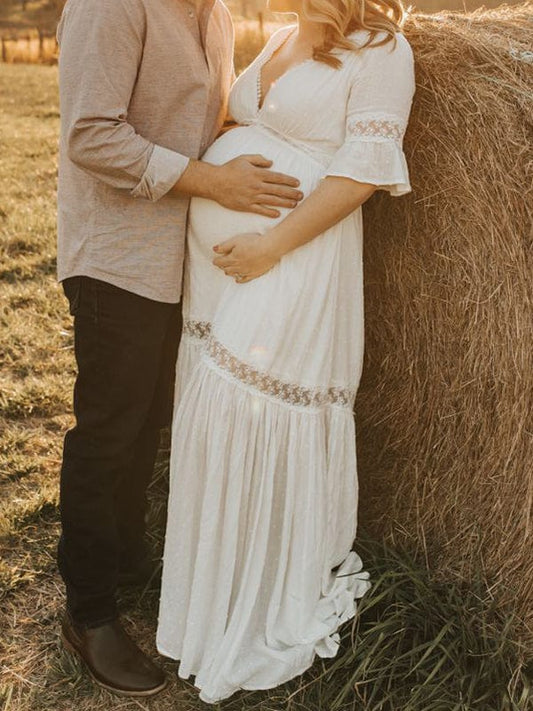 Momyraise Umstandskleider Spitze Rüschen V-Ausschnitt Kurzärm Elegant Boho Für Schwangerschaft Maxikleider