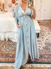 Momyraise Umstandskleider Fotoshootingkleider Rüschen Einreiher V-Ausschnitt Boho Mode Für Schwangerschaft Maxikleider Baby Shower