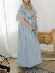 Momyraise Umstandskleider Fotoshootingkleider Rüschen Einreiher V-Ausschnitt Boho Mode Für Schwangerschaft Maxikleider Baby Shower