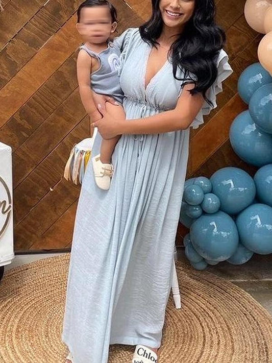 Momyraise Umstandskleider Fotoshootingkleider Rüschen Einreiher V-Ausschnitt Boho Mode Für Schwangerschaft Maxikleider Baby Shower