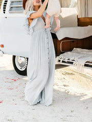 Momyraise Umstandskleider Fotoshootingkleider Rüschen Einreiher V-Ausschnitt Boho Mode Für Schwangerschaft Maxikleider Baby Shower