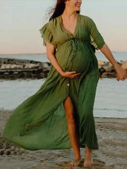 Momyraise Umstandskleider Fotoshootingkleider Baby Shower RüschenDrapiert Einreiher Kurzärm Beiläufige Für Schwangerschaft Maxikleider