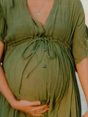 Momyraise Umstandskleider Fotoshootingkleider Baby Shower RüschenDrapiert Einreiher Kurzärm Beiläufige Für Schwangerschaft Maxikleider