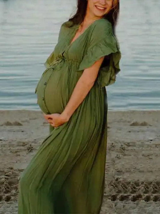 Momyraise Umstandskleider Fotoshootingkleider Baby Shower RüschenDrapiert Einreiher Kurzärm Beiläufige Für Schwangerschaft Maxikleider