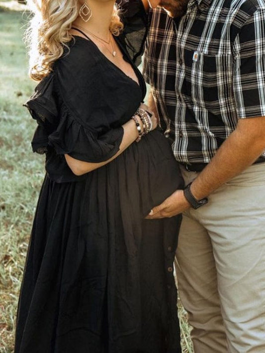 Momyraise Umstandskleider Schwarz Fotoshootingkleider Elegant Spitze Gürtel Schwangerschaft Maxikleider