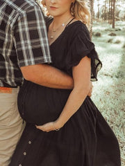 Momyraise Umstandskleider Schwarz Fotoshootingkleider Elegant Spitze Gürtel Schwangerschaft Maxikleider