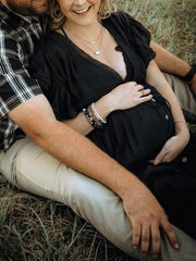 Momyraise Umstandskleider Schwarz Fotoshootingkleider Elegant Spitze Gürtel Schwangerschaft Maxikleider