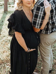 Momyraise Umstandskleider Schwarz Fotoshootingkleider Elegant Spitze Gürtel Schwangerschaft Maxikleider