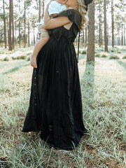 Momyraise Umstandskleider Schwarz Fotoshootingkleider Elegant Spitze Gürtel Schwangerschaft Maxikleider