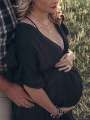 Momyraise Umstandskleider Schwarz Fotoshootingkleider Elegant Spitze Gürtel Schwangerschaft Maxikleider