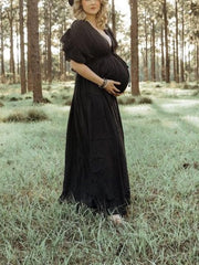 Momyraise Umstandskleider Schwarz Fotoshootingkleider Elegant Spitze Gürtel Schwangerschaft Maxikleider