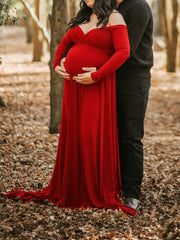 Momyraise Umstandskleider Volltonfarbe Baumwolle Drapiert V-Ausschnitt Langarm Elegant Für Schwangerschaft